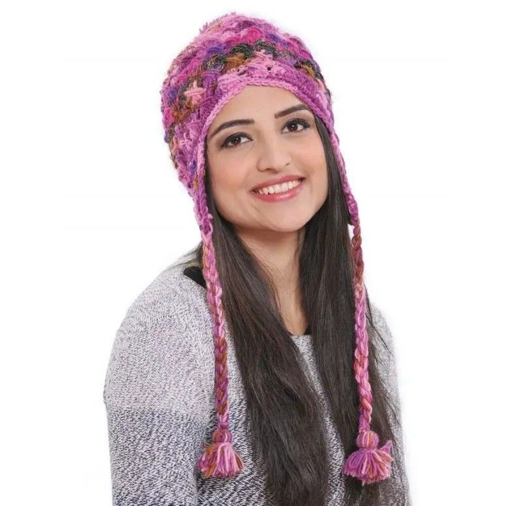 Womens Winter Hat Crochet Ear Flap Beanie Tassel Pom Handmade Nepal Warm Wool